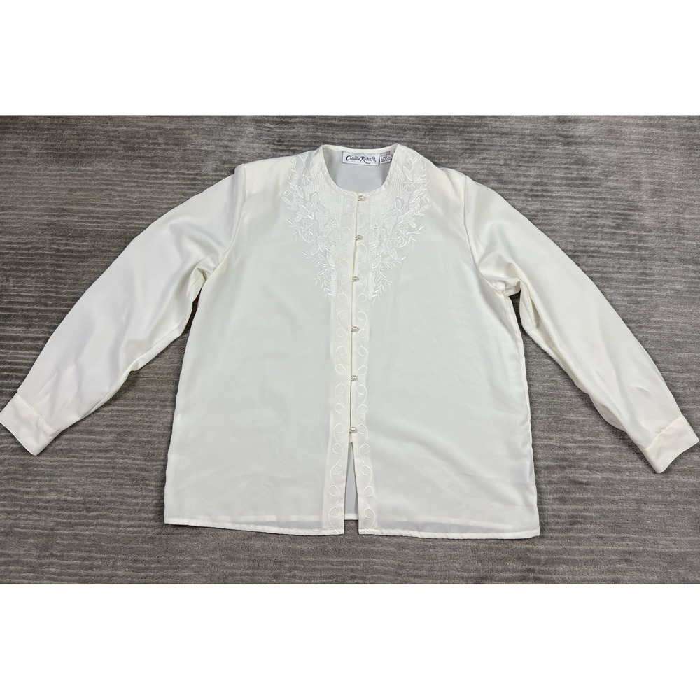 Claudia Richard Top Womens 16 Ivory Button Up Long Sleeve Embroidered Polyester